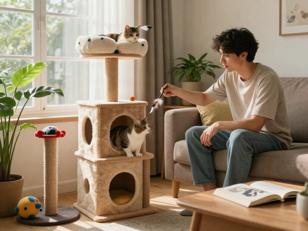 Cat tower in a cozy living room with a playful cat and owner.